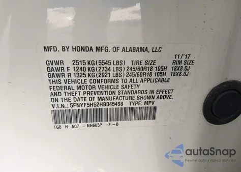 2017 Honda Pilot Ex-L из США, поврежденный, VIN 5FNYF5H52HB045498